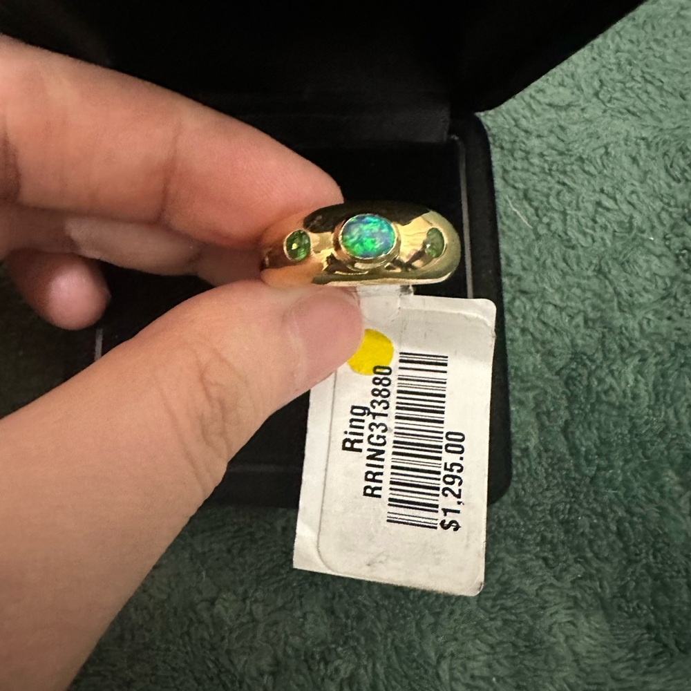 🚫🚫🚫SOLD Green Tourmaline-Opal-Green Tourmaline three stone 18k yg ring-heavy